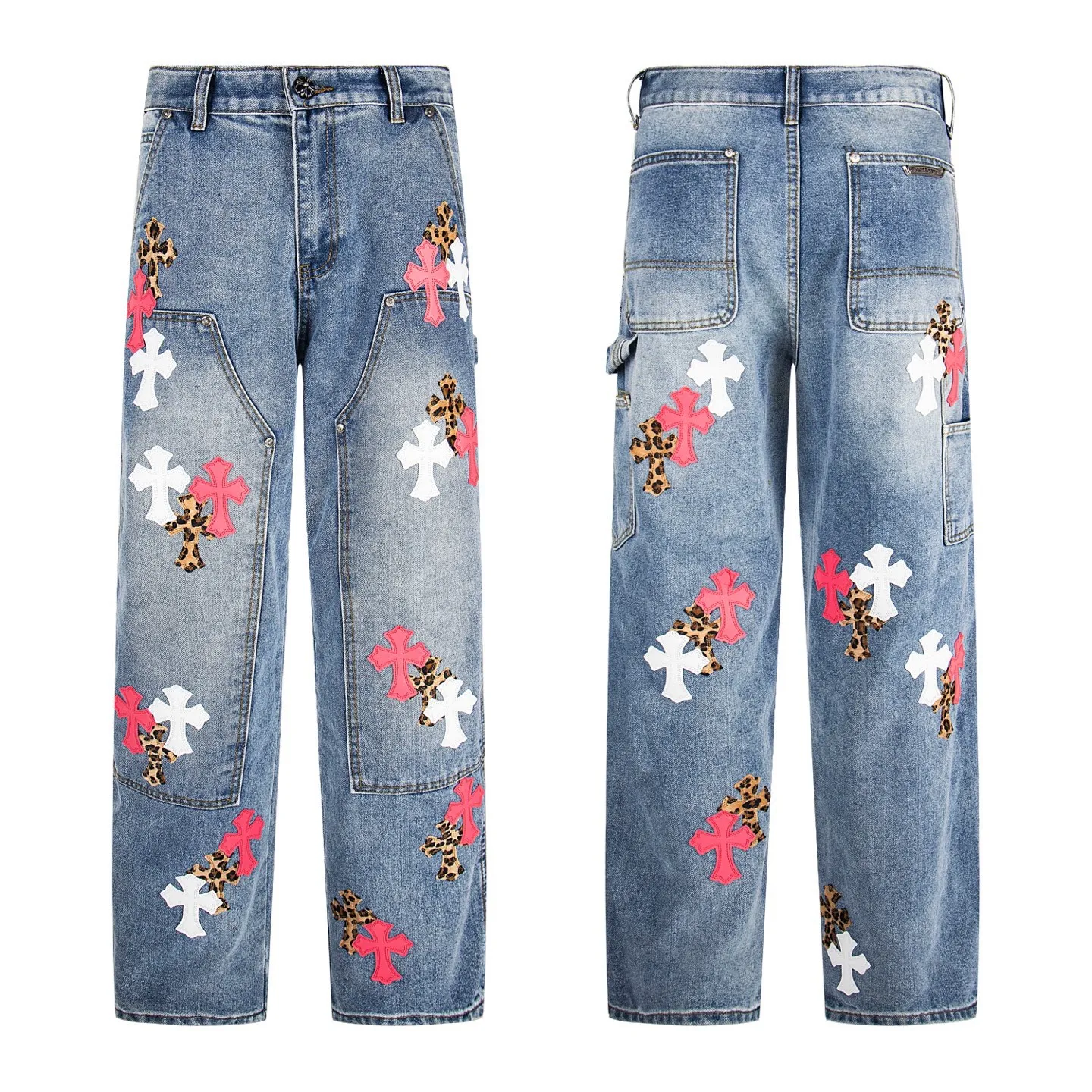 P260 Chrome Hearts | Chrome Hearts CH Chrome Hearts blue and white multi-color leather-splashed denim American work trousers. Full set of hardware molding. Hand-made tassels on the hem with frayed and damaged design. White genuine leather and then patching. Genuine Levi's jeans base plate. Disassembled and spliced. Heavy industrial washing. The upper body is stylish and handsome. The brand recognition is very clear, which greatly highlights the overall sense of style. The overall craftsmanship is impeccable. A pair of trousers. Same style for men and women. Style number: 1732# Size: 28 30 32 34 36